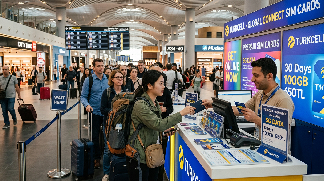 Travelers queuing at an airport SIM card kiosk to register and buy a physical SIM with passport verification