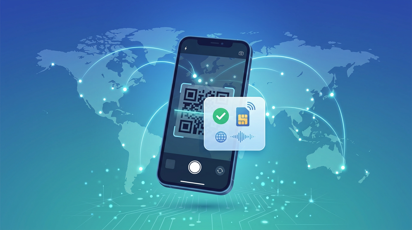 eSIM activation via QR code on smartphone with global connectivity network — no passport or KYC required