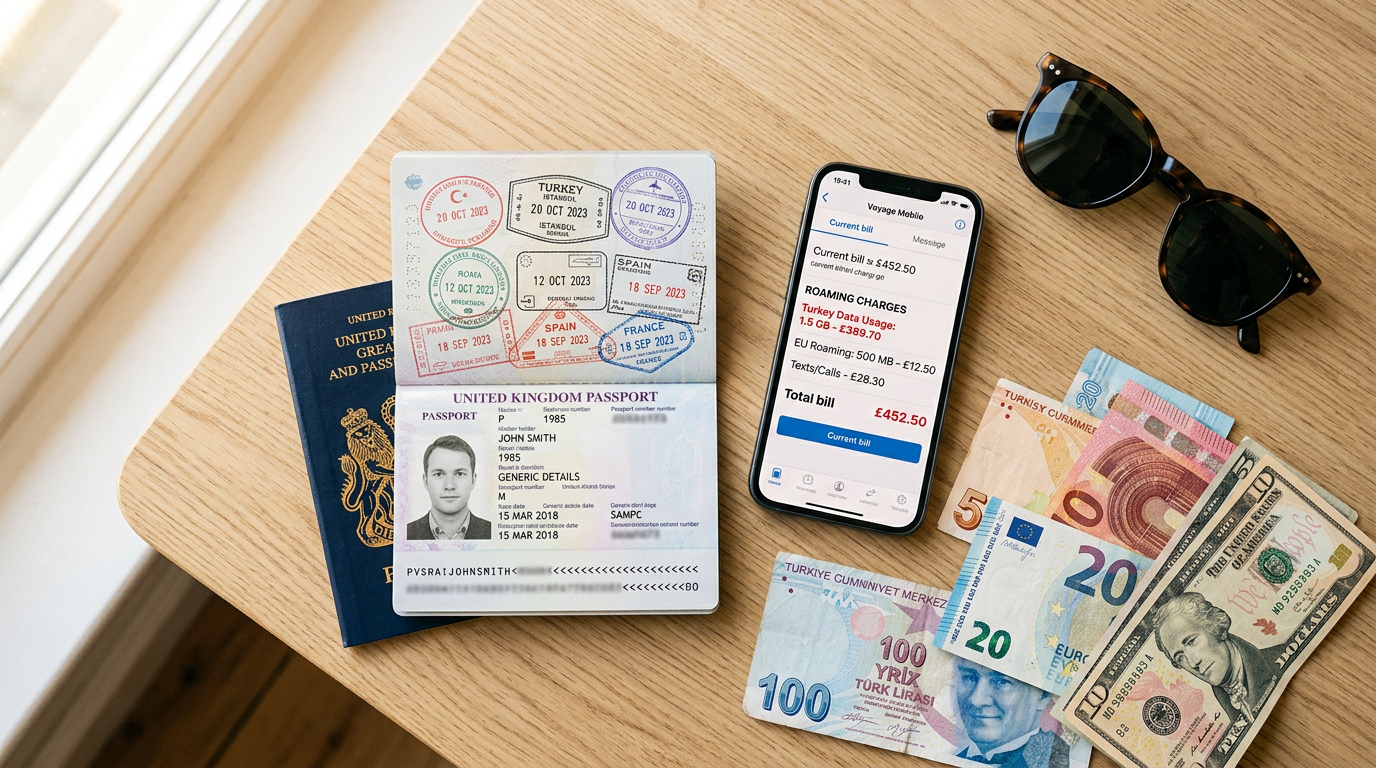 Passport with travel stamps, smartphone showing expensive roaming bill, and foreign currency — illustrating hidden roaming costs for international travelers