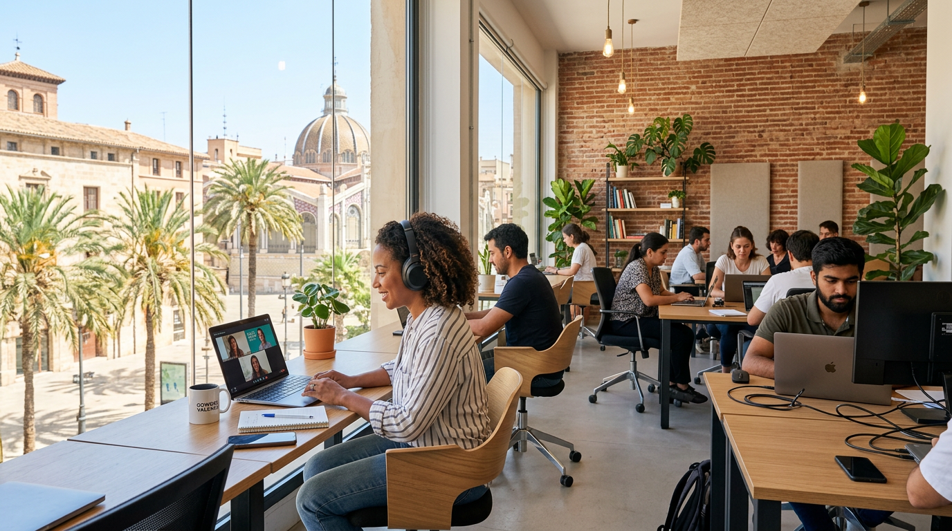 Digital nomads working in a bright Mediterranean coworking space with video calls, laptops, and palm trees outside — remote work connectivity