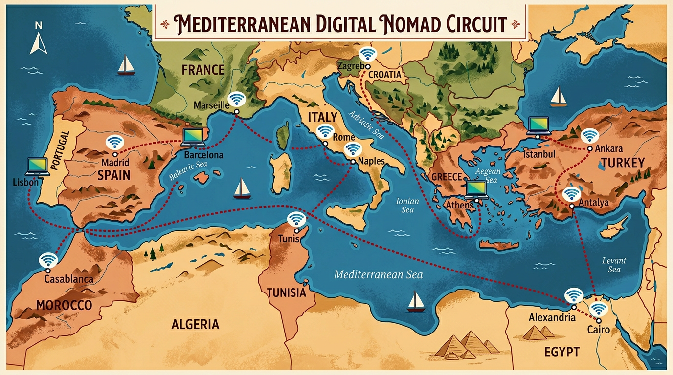 Illustrated Mediterranean digital nomad circuit map showing travel routes between Lisbon, Barcelona, Rome, Athens, Istanbul with WiFi and laptop icons at each hub city