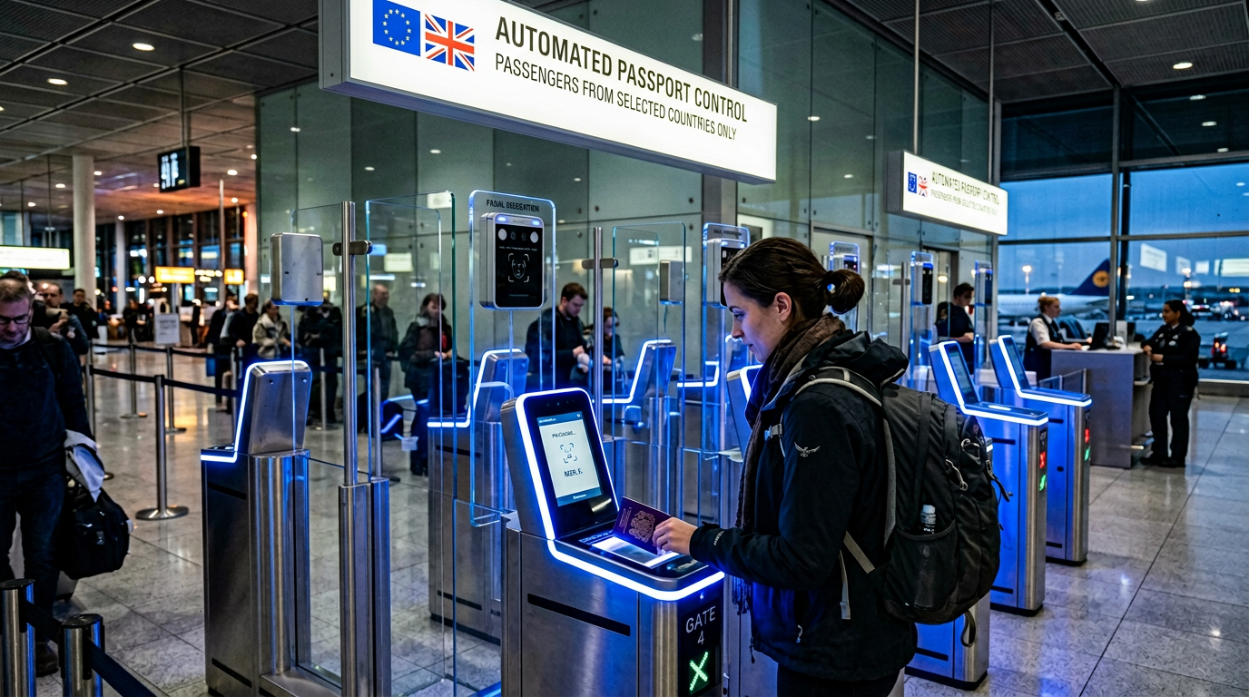 Traveler using automated biometric e-gate at European airport for EES passport control — fingerprint and facial recognition border entry 2026