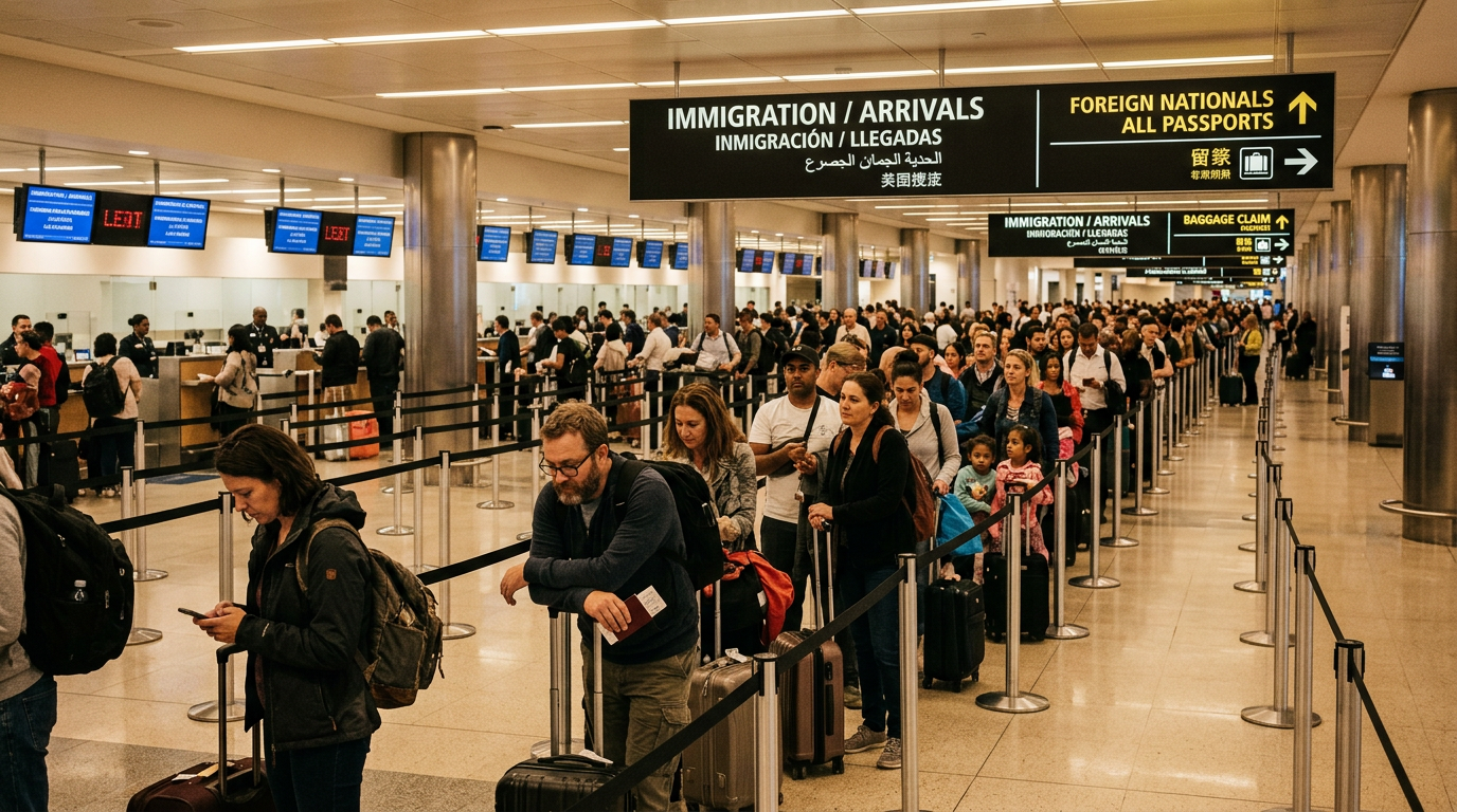 Busy immigration arrivals queue at international airport with travelers waiting for passport control and entry procedures
