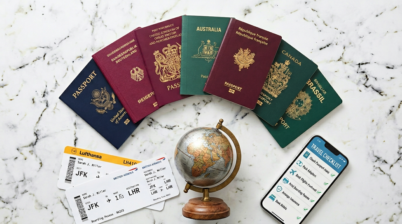 Multiple passports from different countries arranged with boarding passes, globe, and travel checklist — passport strength ranking and visa-free travel 2026