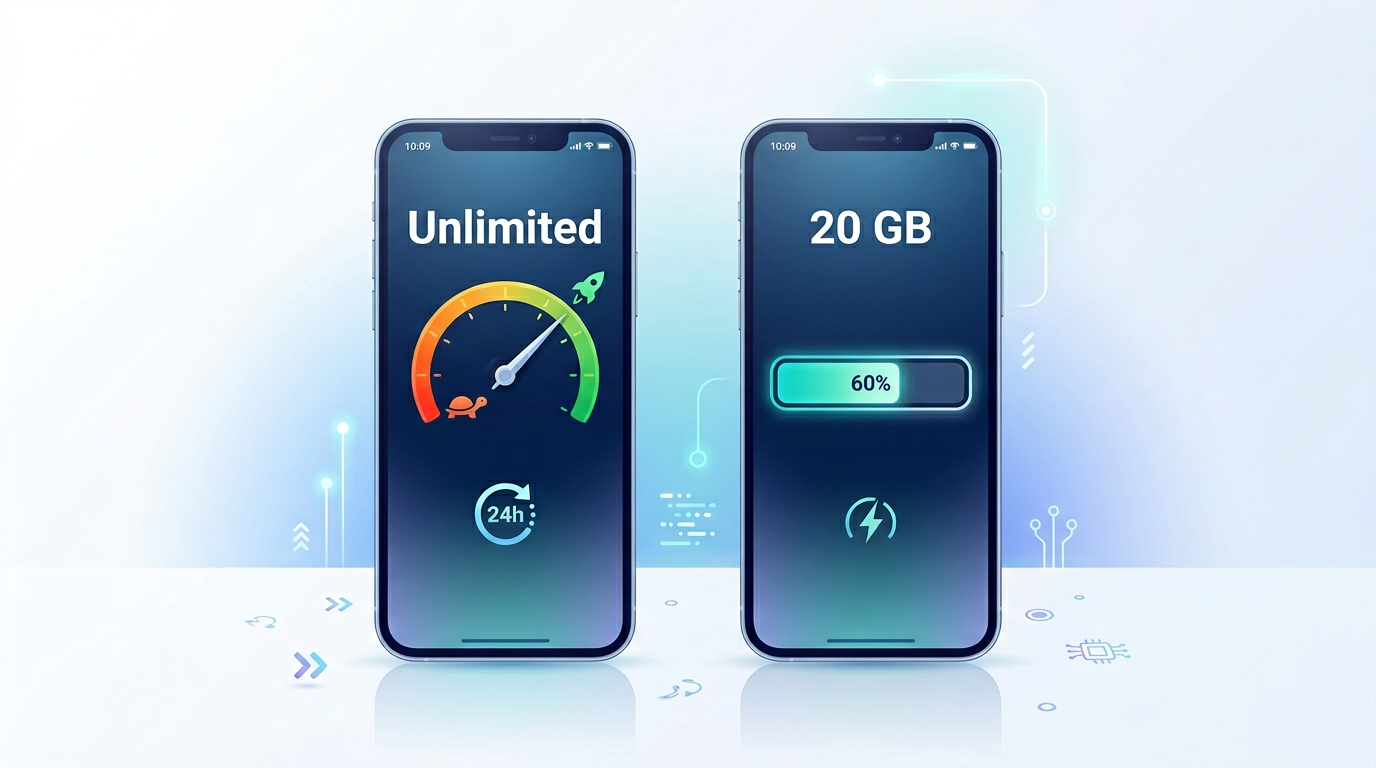 Side-by-side comparison of unlimited daily eSIM plan with throttle reset vs fixed GB eSIM plan with full-speed data remaining